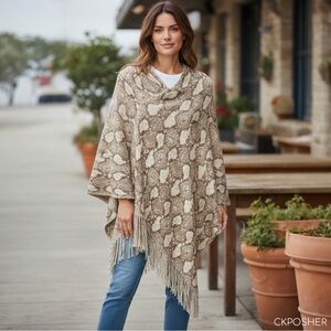 “Do Everything In Love” OS Snakeskin Print Fringe Poncho Cover Brown Cream